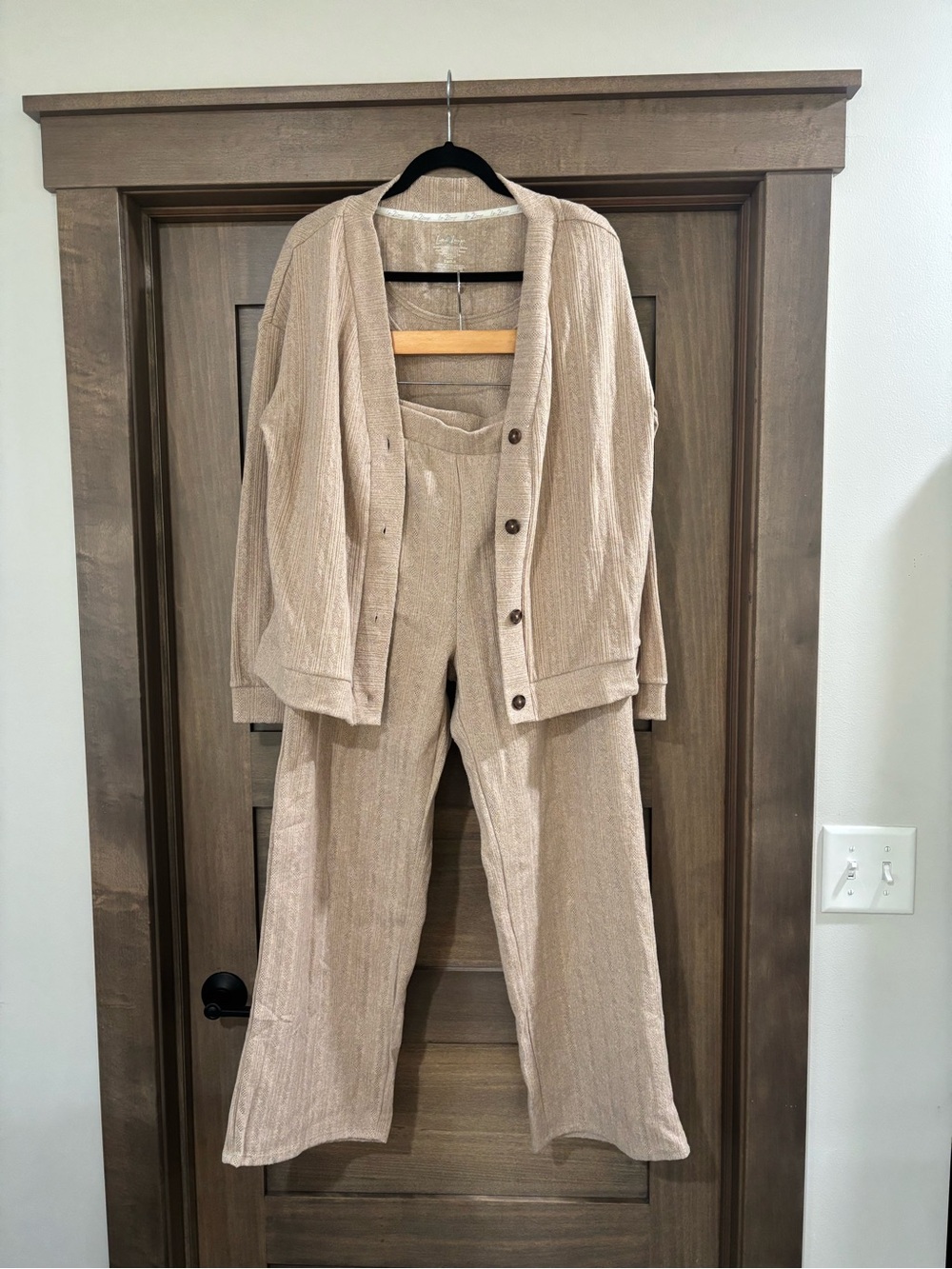 Ribbed Knit Wide-Leg Pants & Cardigan Set - Beige